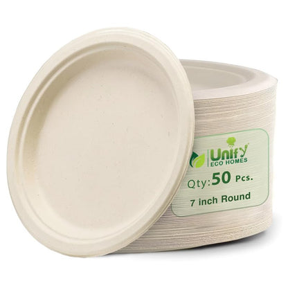50pc Bagasse Plates | 7in Eco-Friendly Disposable | White