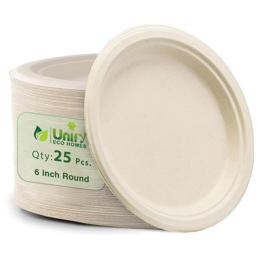 25pc Bagasse Plates | 6in Eco-Friendly Disposable | White