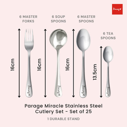 25 Pcs Stainless Steel Cutlery Set with Stand | Mirror Finish Dining Table Set