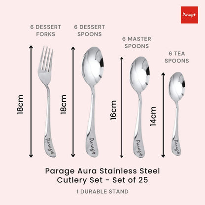 25pc Stainless Steel Aura Cutlery | Spoons Forks Stand | Silver