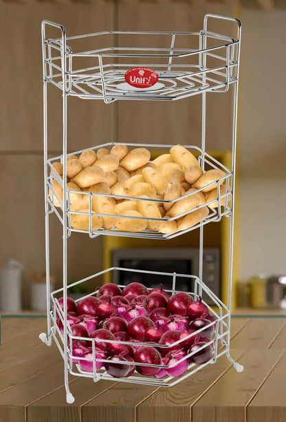 Stainless Steel 3 Tier Fruits and Vegetables Basket for Kitchen Storage, Rack Organizer for Home & Pantry, Chrome (Hexa)