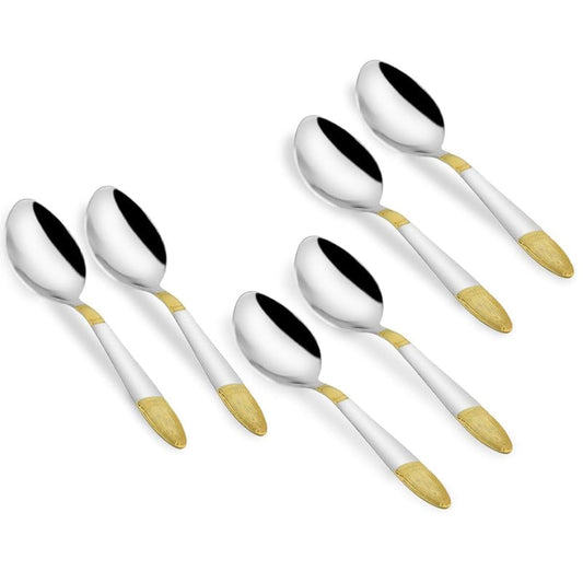 6 Pcs Stainless Steel 24K Gold Dinner Spoon Set – 16cm, Premium Spoons for Home & Kitchen, Luxury Tableware, Housewarming Gift, Ivory Design