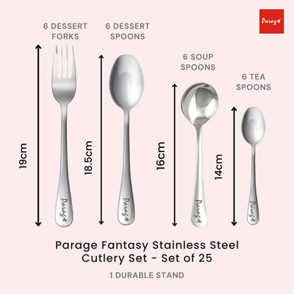 25-Piece Fantasy Stainless Steel Cutlery Set with Stand | Premium Spoon & Fork Set, Silver