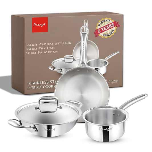 Stainless Steel Cookware Set – 24 cm Kadhai with Lid, 24 cm Frypan & 16 cm Saucepan, Induction & Gas Compatible, Even Heat, Dishwasher Safe, 5-Year Warranty