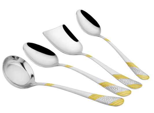 4 Pcs Stainless Steel Gold Serving Spoon Set for Kitchen & Dining – 1.8mm Heavy Gauge, 1 Soup Ladle, 1 Solid & 2 Rice Spoons, 24K Gold (Pack of 4)