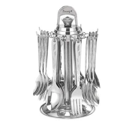24 Pieces Lily Stainless Steel Cutlery Set with Stand – Includes 6 Dinner Spoons, 6 Tea Spoons, 6 Dinner Forks, 6 Soup Spoons, Stylish Mirror Polished Spoon Set for Dining Table