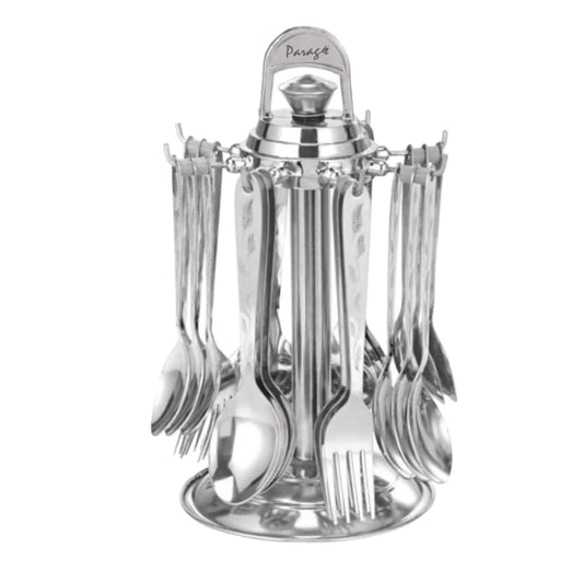 24 Pieces Lily Stainless Steel Cutlery Set with Stand – Includes 6 Dinner Spoons, 6 Tea Spoons, 6 Dinner Forks, 6 Soup Spoons, Stylish Mirror Polished Spoon Set for Dining Table