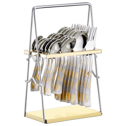 25 Pieces 24K Gold Stainless Steel Cutlery Set – Table Spoons, Forks & Stand
