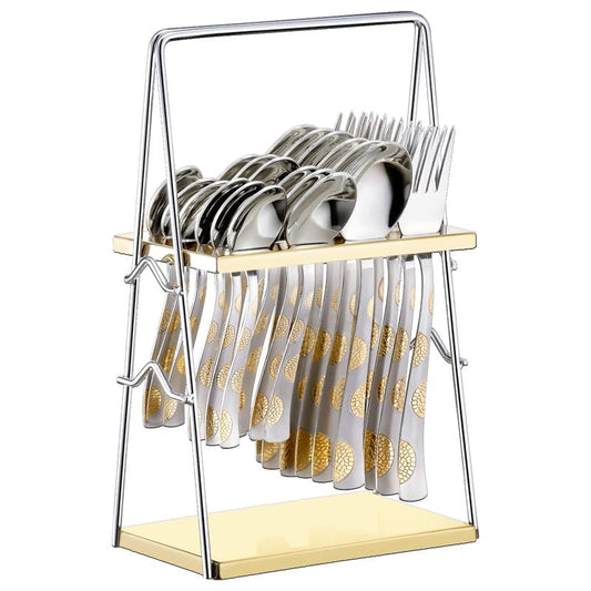 25 Pieces 24K Gold Stainless Steel Cutlery Set – Table Spoons, Forks & Stand