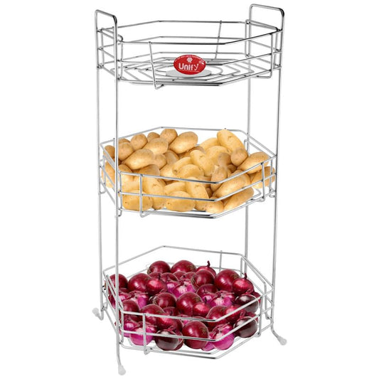 Stainless Steel 3 Tier Fruits and Vegetables Basket for Kitchen Storage, Rack Organizer for Home & Pantry, Chrome (Hexa)