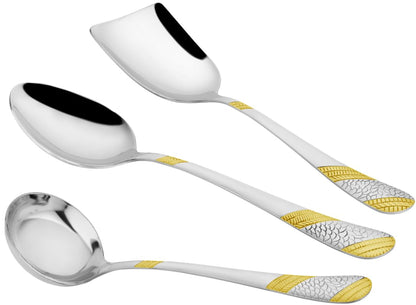 3 Pcs Stainless Steel Gold Serving Spoon Set for Kitchen & Dining – 1.8mm Heavy Gauge, 1 Soup Ladle, 1 Solid & 1 Rice Spoon, 24K Gold (Pack of 3)