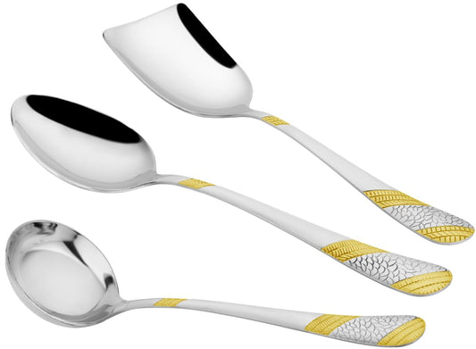 3 Pcs Stainless Steel Gold Serving Spoon Set for Kitchen & Dining – 1.8mm Heavy Gauge, 1 Soup Ladle, 1 Solid & 1 Rice Spoon, 24K Gold (Pack of 3)