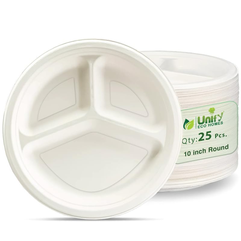 25pc 3-Compartment Bagasse Meal Trays | Eco-Friendly | White