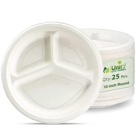 25pc 3-Compartment Bagasse Meal Trays | Eco-Friendly | White