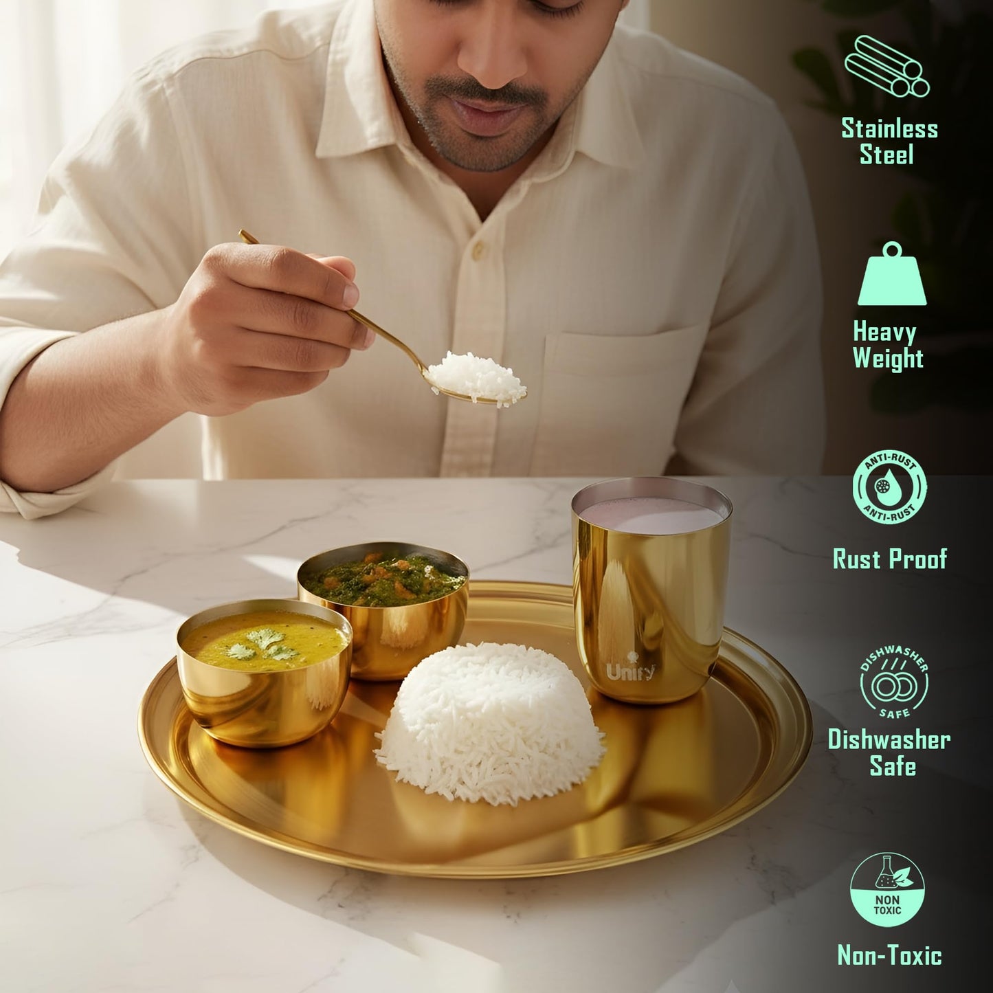 Stainless Steel PVD Gold Plated Thali Set | Premium Dinner Plate with Bowls, Spoon & Glass | Royal Gold Dinnerware for Home, Restaurant & Festive Gifting | Food Grade & Rust Proof