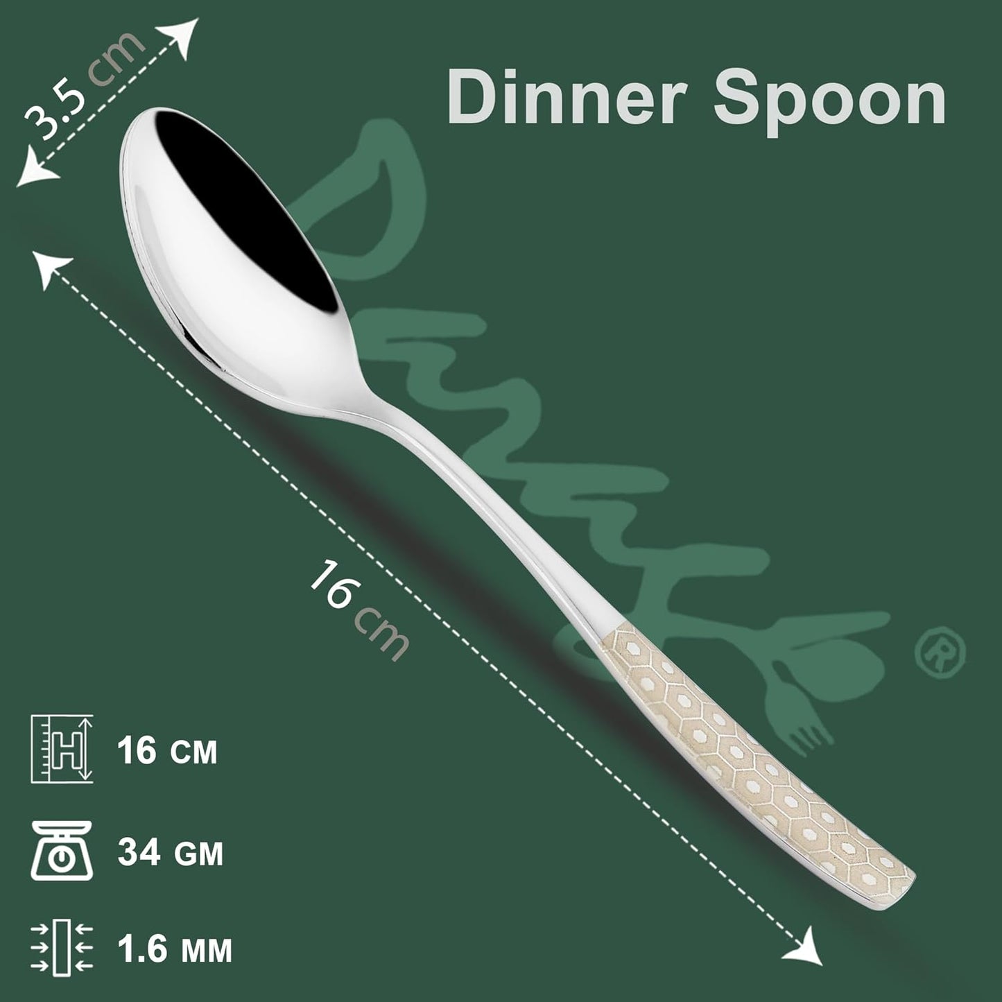 6 Pieces Stainless Steel Premium Dinner Spoon Set for Home & Kitchen – 16 cm Luxury Dining Tableware, Laser Chammach Set Gift, Silver with Dazzle Design