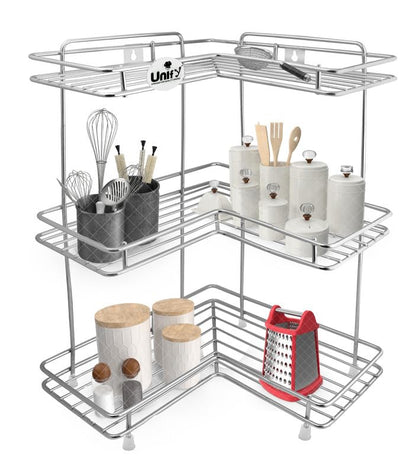 3 Tier Stainless Steel Corner Kitchen Rack | L Shape Storage Shelf Organizer