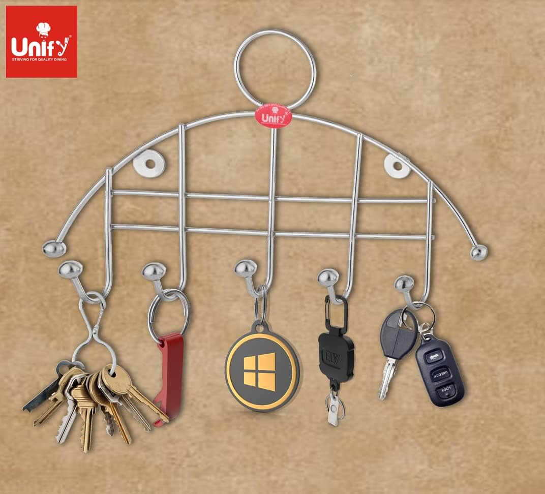 2 Pieces Stainless Steel Wall Cloth Hanger with 5 Hooks, Key Holder & Towel Rack for Bathroom & Kitchen, Silver (Pack of 2)