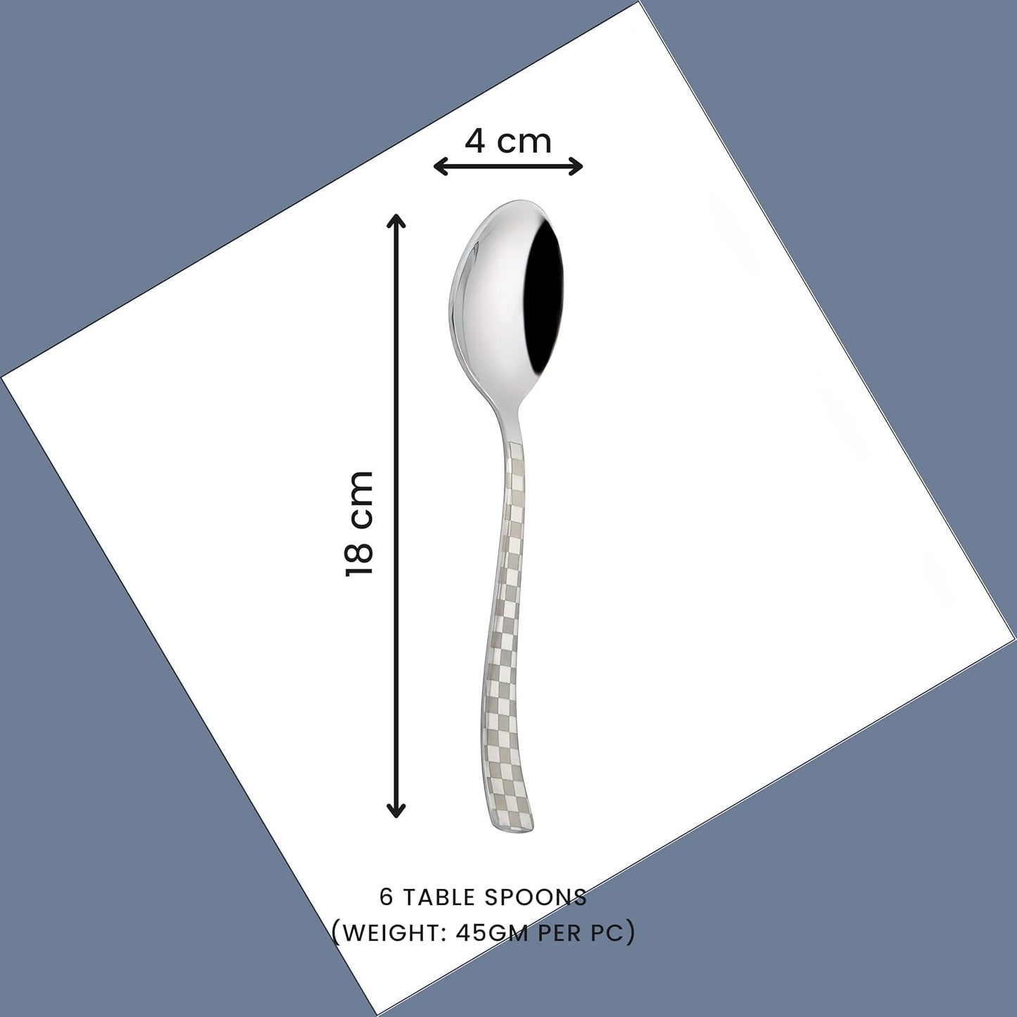 6 Pieces Stainless Steel Premium Dinner Spoon Set, 18.5 cm, Silver, Checks Design