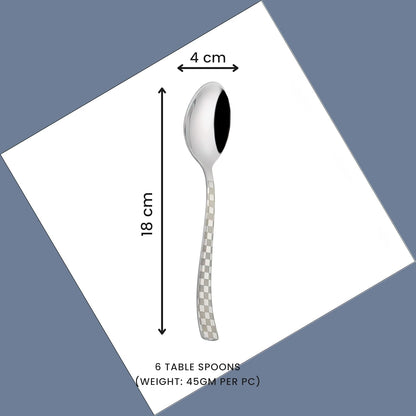 6 Pieces Stainless Steel Premium Dinner Spoon Set, 18.5 cm, Silver, Checks Design