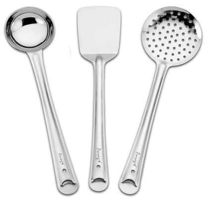 3 Pcs Stainless Steel Kitchen Tools Set for Cooking & Serving – Ladle, Skimmer & Turner, Silver, Sizes 32cm, 33.5cm & 34.5cm