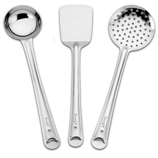3 Pcs Stainless Steel Kitchen Tools Set for Cooking & Serving – Ladle, Skimmer & Turner, Silver, Sizes 32cm, 33.5cm & 34.5cm