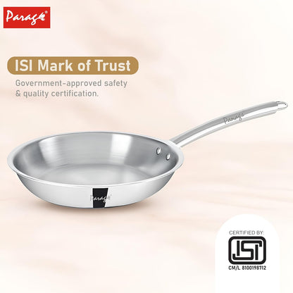Tripure Triply Stainless Steel Fry Pan 24 cm | Heavy Bottom Pan for Frying & Tempering | Induction & Gas Compatible | Stay-Cool Handle | Scratch Resistant | 5 Years Warranty