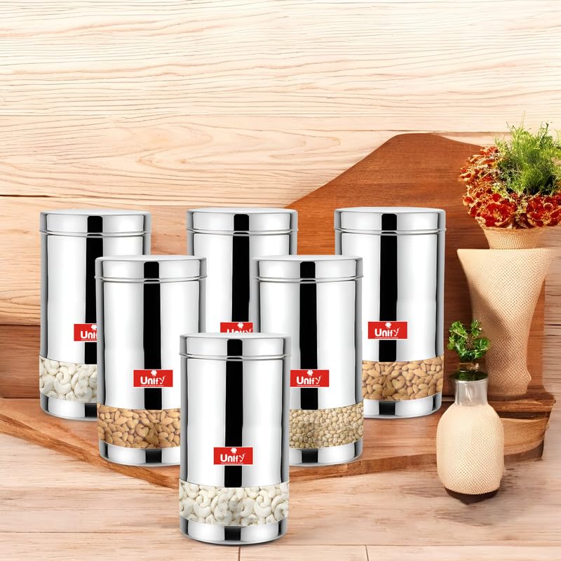 6 Pieces Stainless Steel Container Set, 900ML Airtight Jars for Home & Kitchen – Ideal for Spices, Food Grains, Nuts, Glossy Finish