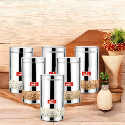 6 Pieces Stainless Steel Container Set, 900ML Airtight Jars for Home & Kitchen – Ideal for Spices, Food Grains, Nuts, Glossy Finish