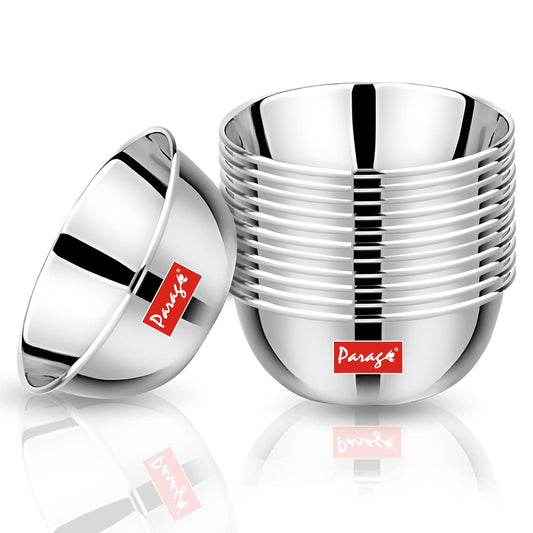12 Pieces Stainless Steel Big Size Bowls/Katori/Wati – Heavy Gauge, Mirror Finish, 10.2 cm Dia, 220 ml Each, Set of 12, Silver