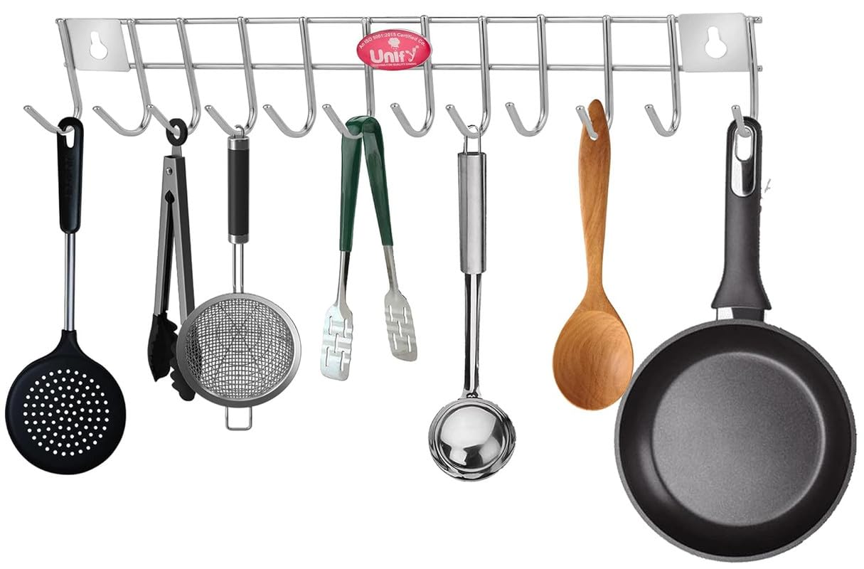 2 Pieces Stainless Steel Wall Cloth Hanger with 12 Hooks, Door Mounted Hook Rail for Bathroom & Kitchen, Silver (Pack of 2)