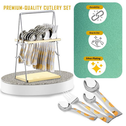 25 Pieces 24K Gold Stainless Steel Cutlery Set – Table Spoons, Forks & Stand