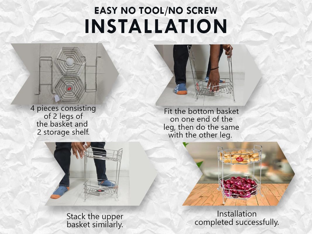 Stainless Steel 2 Tier Fruits and Vegetables Basket for Kitchen Storage, Rack Organizer for Home & Pantry, Chrome (Hexa)