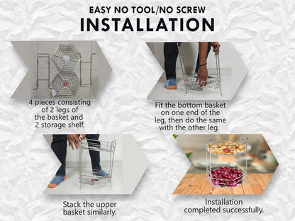 Stainless Steel 2 Tier Fruits and Vegetables Basket for Kitchen Storage, Rack Organizer for Home & Pantry, Chrome (Hexa)