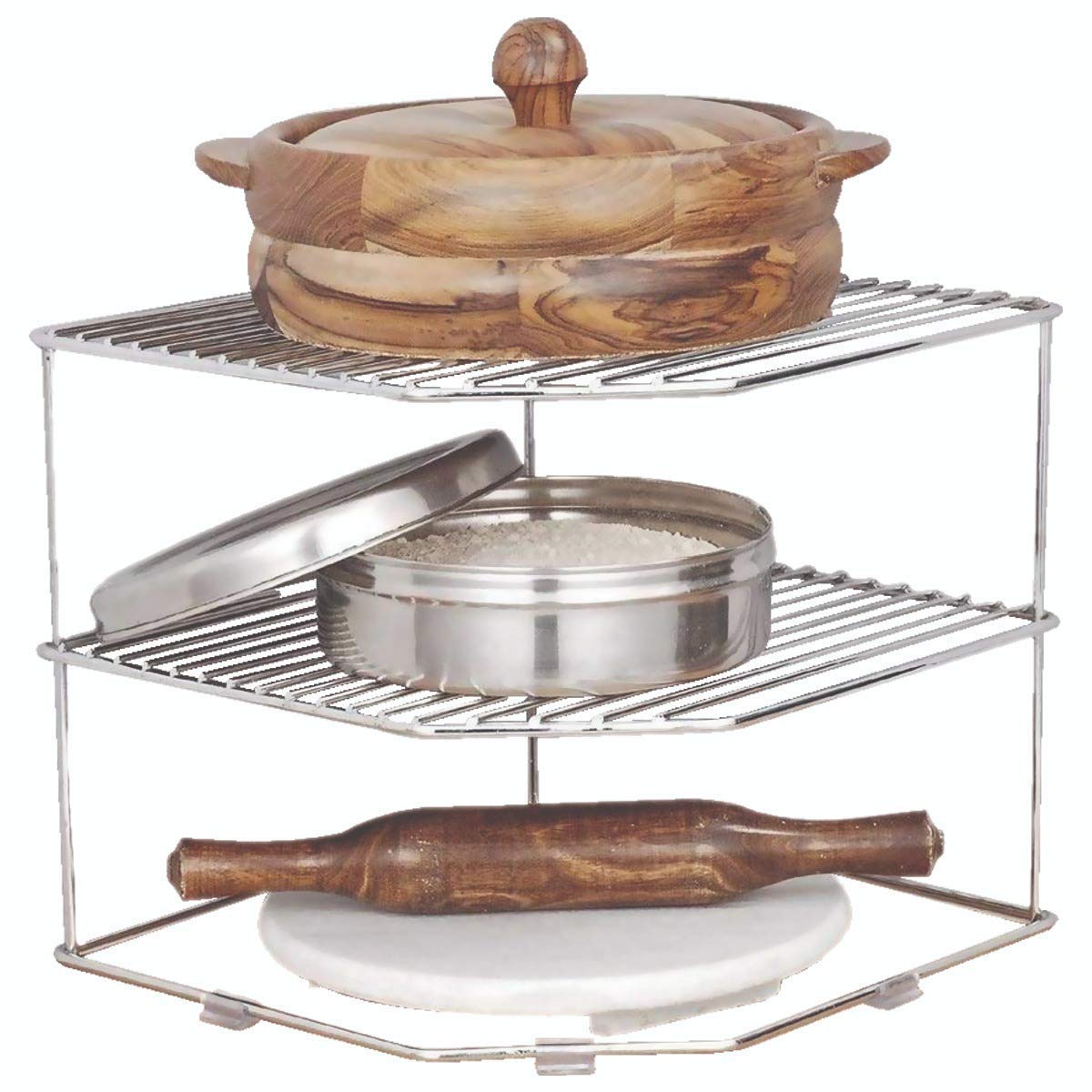 Multipurpose Stainless Steel Corner Shelf Rack – 25×25×30 cm, Chrome Finish