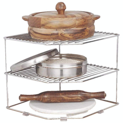 Multipurpose Stainless Steel Corner Shelf Rack – 25×25×30 cm, Chrome Finish