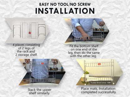 Stainless Steel 2 Tier Kitchen Spice Rack | Countertop Organizer with Shelf Liner for Cabinet & Pantry, Chrome