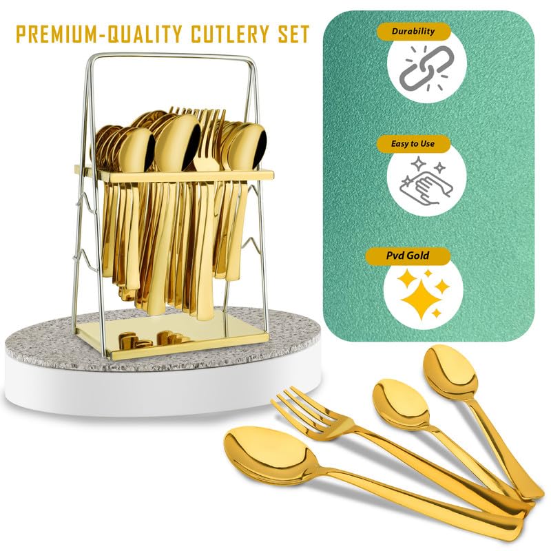 25 Pieces Regal Premium Stainless Steel Cutlery Set with Stand – Includes 6 Table Forks, 6 Table Spoons, 6 Dinner Spoons, 6 Tea Spoons, Stylish Spoon Set for Dining Table