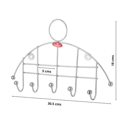 Stainless Steel Wall Cloth Hanger with 5 Hooks | Door Mounted Hook Rail for Bathroom & Kitchen | 30.5 cm, Silver
