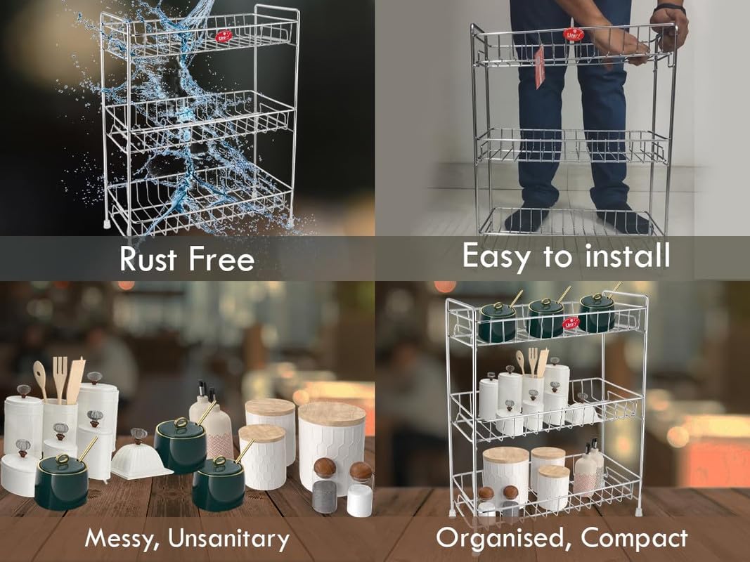 Stainless Steel 3 Tier Kitchen Countertop Spice Rack Organizer with Shelf Liner for Kitchen, Cabinet & Pantry (Rectangle)