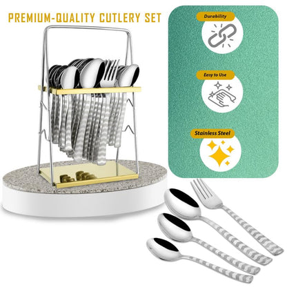 25 Pieces Regal Premium Stainless Steel Cutlery Set with Stand – Includes 6 Table Forks, 6 Table Spoons, 6 Dinner Spoons, 6 Tea Spoons, Stylish Spoon Set for Dining Table