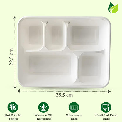 25pc 5-Compartment Bagasse Meal Trays | Eco-Friendly | White