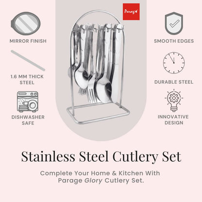 25 Pcs Stainless Steel Cutlery Set with Stand for Home & Kitchen | Silver Set