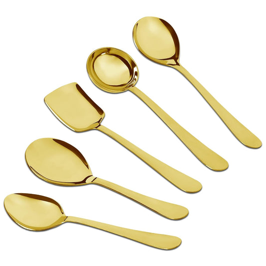 5 Pcs Stainless Steel Gold Serving Spoon Set – Heavy Gauge Kitchen Use