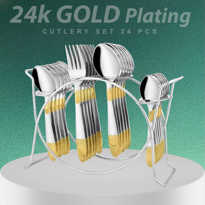 25 Pieces Ivory Gold Stainless Steel Cutlery Set with Stand, 24K Gold Plated Spoons & Forks, Elegant Dining Set (Ivory)