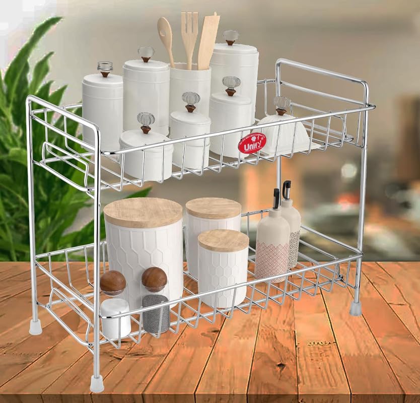 Stainless Steel 2 Tier Kitchen Countertop Spice Rack Organizer with Shelf Liner for Kitchen, Cabinet & Pantry (Rectangle)