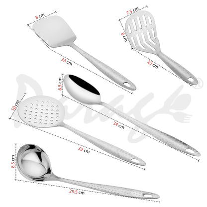5 Pcs Stainless Steel Hammered Kitchen Tool Set for Cooking – 13” Spoons, Ladle, Skimmer, Turner, Spatula & Potato Masher, Silver