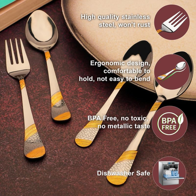 24 Pieces Premium Stainless Steel 24K Golden Cutlery Set for Home & Kitchen – Includes 6 Table Spoons, 6 Table Forks, 6 Dinner Spoons, 6 Tea Spoons, 24K Gold Plated, Leatherite Gift Box