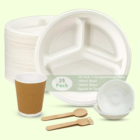 25pc Bagasse Dinnerware Set | 3-Compartment Plates & Bowls
