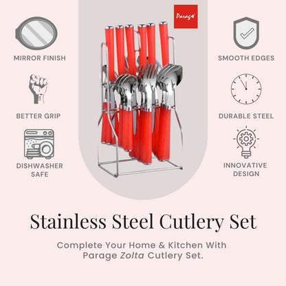 25 Pcs Stainless Steel Cutlery Set with Stand for Kitchen & Dining | Red